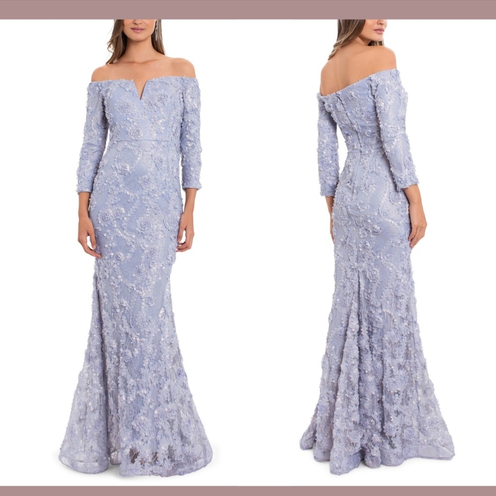 NEW $298 XSCAPE [ 6‎ ] Off Shoulder Long Sleeve Lace Trumpet Gown in Grey